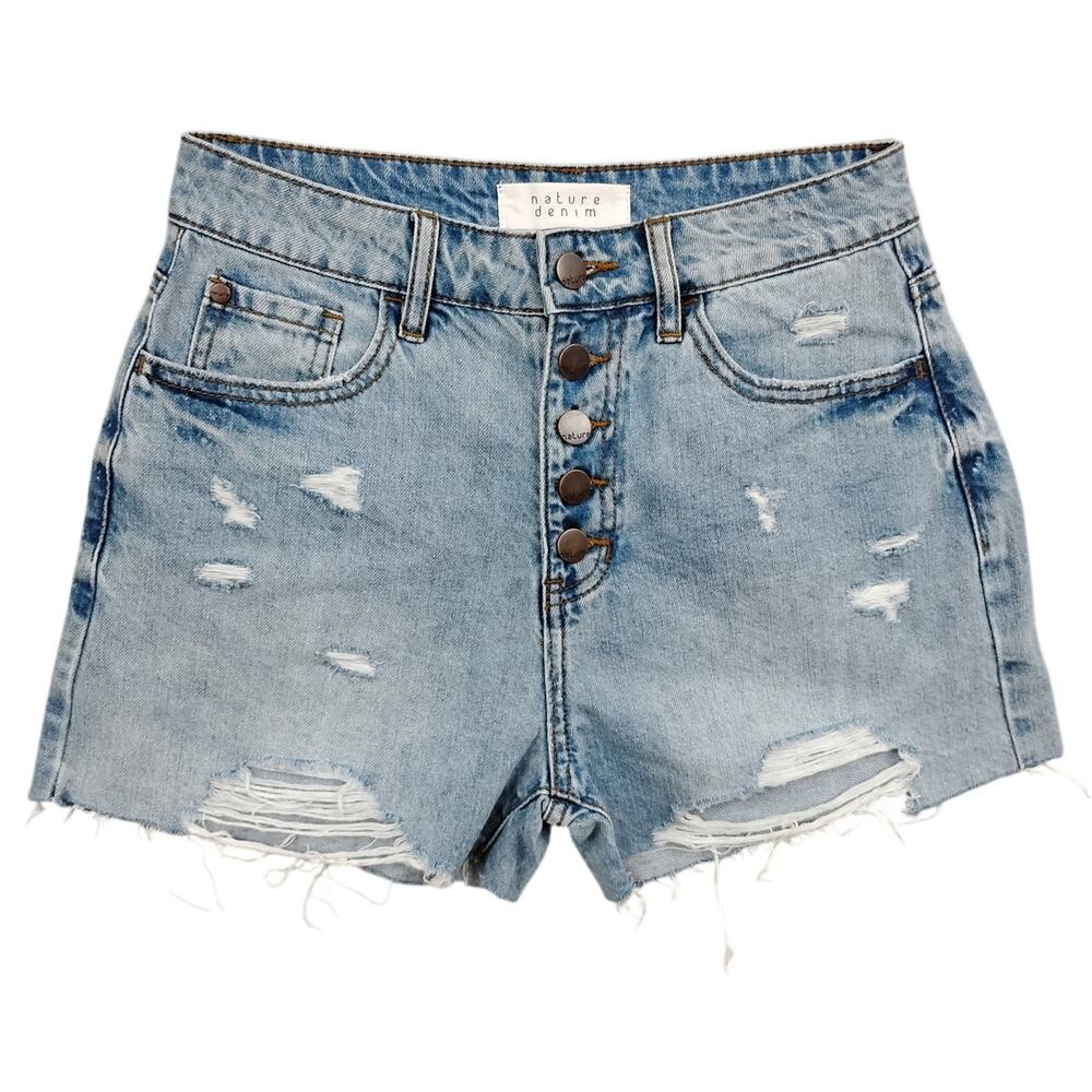 Nature Denim Distressed Shorts Size Small Light Blue Wash High Rise Button Fly